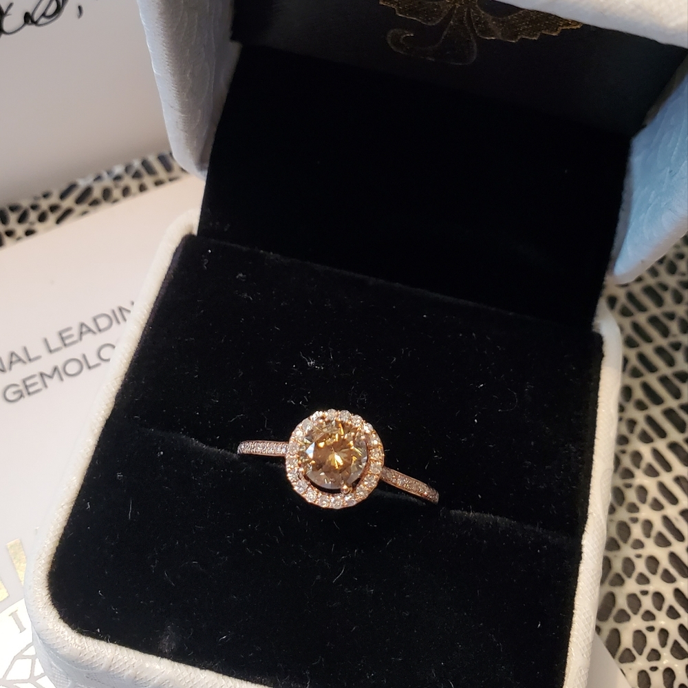 Chocolate and White Diamond Rose Gold Halo Ring